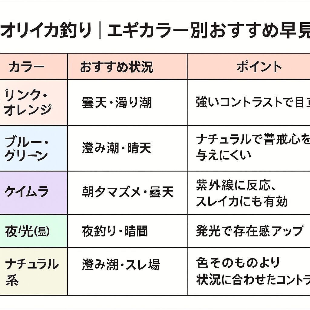 アオリイカは人間のように「赤」「青」を区別するのではなく、 「コントラスト」「光の反射」「偏光の違い」 に強く反応します。エギング入門。釣太郎