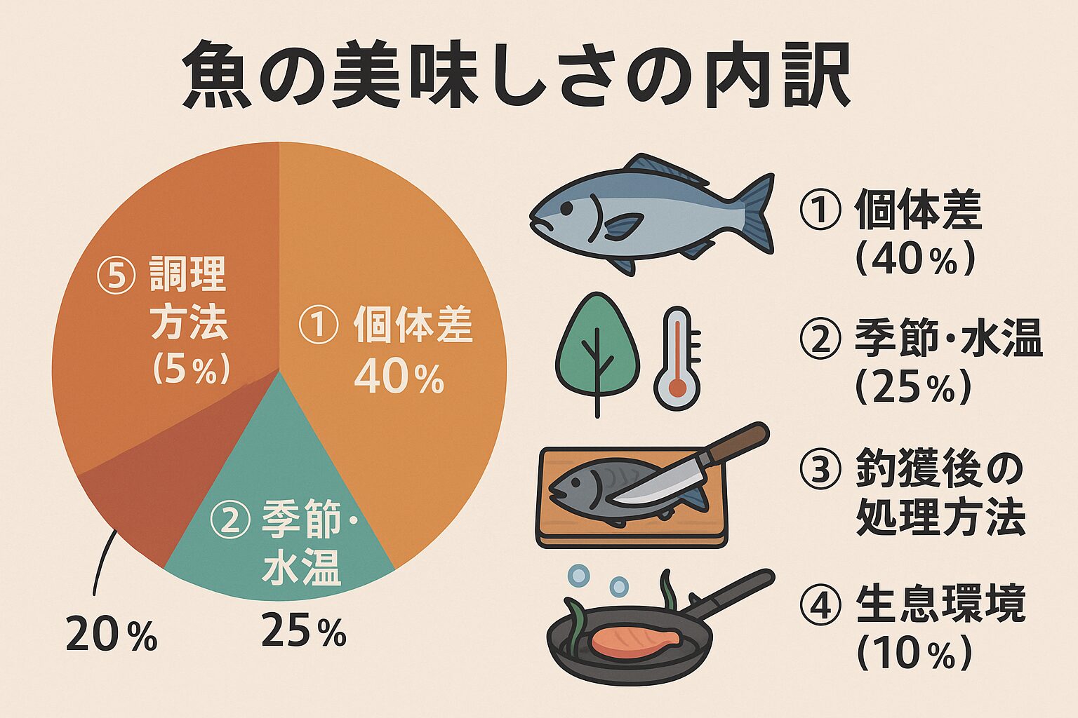 美味しい魚を食べるには「鮮度＋総合要素」 魚の美味しさは**個体差40％、季節25％、処理方法20％**が主な要因。釣太郎