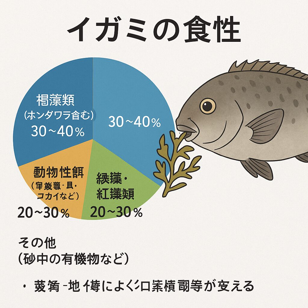 ホンダワラ単独ではイガミの全体食性の約20〜30％程度を占めるにすぎません。釣太郎