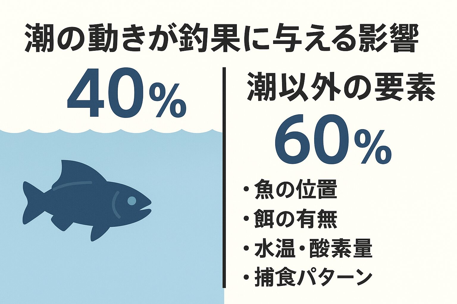 潮の動きが釣果に与える影響は**全体の約40％**程度。 残りの60％は「魚の位置」「餌の有無」「水温・酸素量」「捕食パターン」など、他の要素が占めます。釣太郎