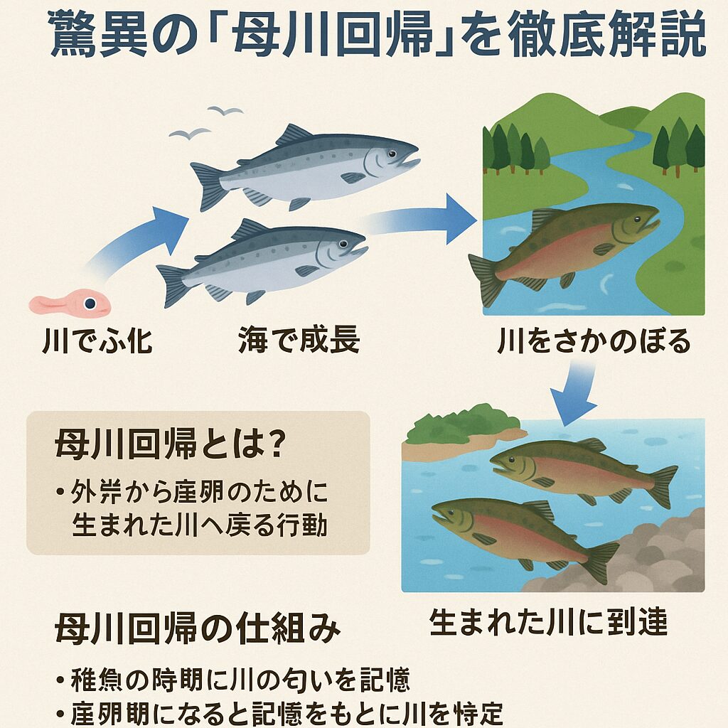 サケは生まれた川へ戻る「母川回帰」を行う ・仕組みは、稚魚期に記憶した川の匂いを嗅覚でたどること。釣太郎