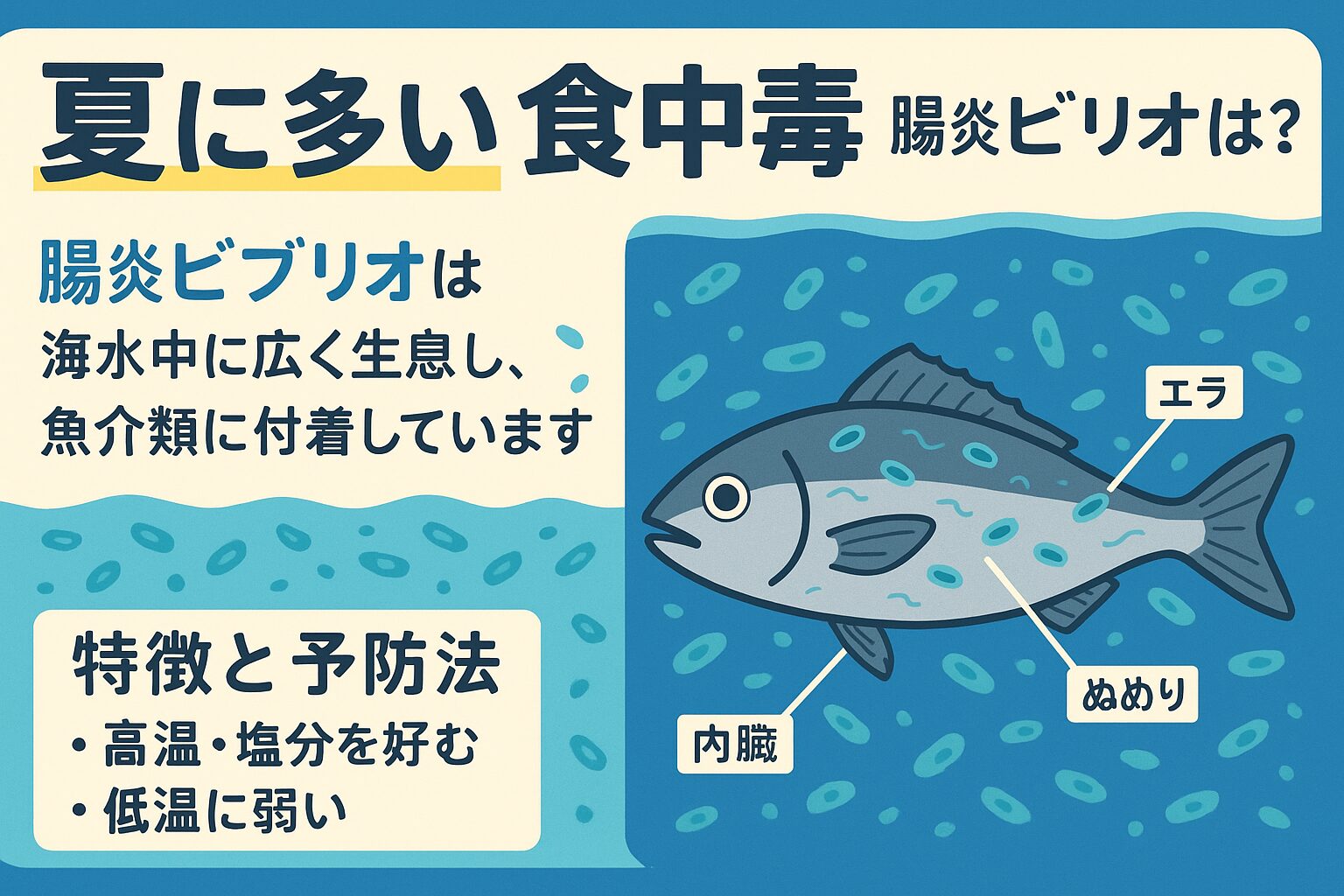 腸炎ビブリオは海水に常在する細菌で、夏場に急増する。「寄生」ではなく、魚の表面やエラ・腸内に付着する。夏場の魚はほとんどが付着リスクあり。真水洗浄・低温保存・内臓除去・加熱が予防の基本。釣太郎