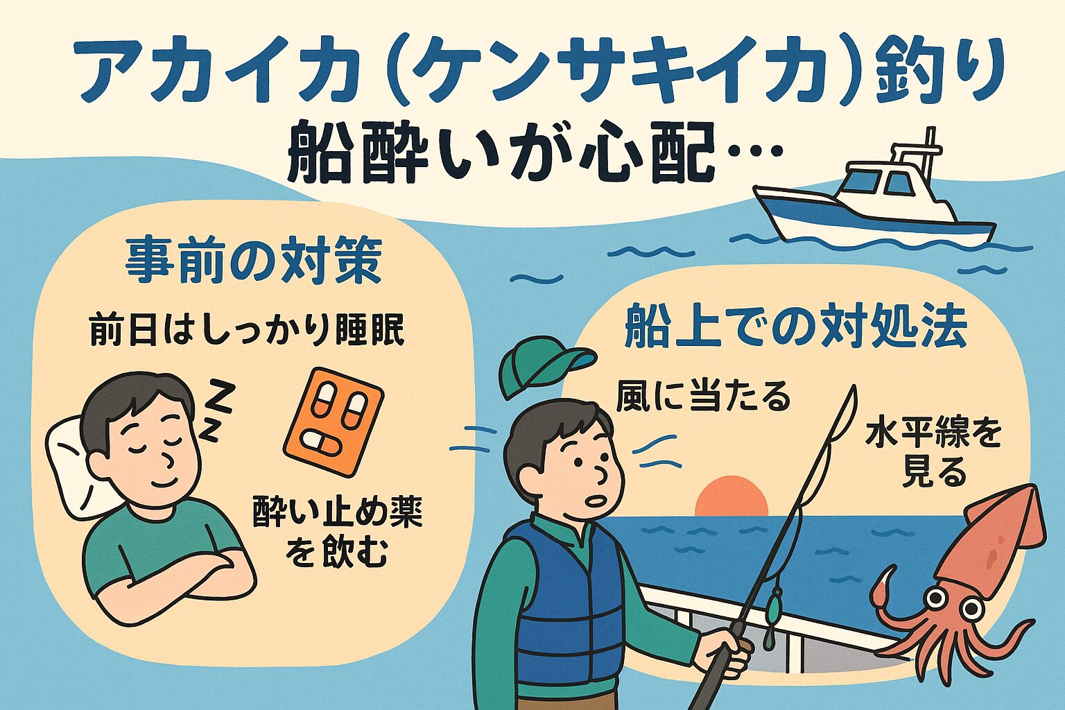 船酔いは三半規管と視覚情報のズレによる脳の混乱。アカイカ釣りは夜釣りが多く、暗闇で感覚ズレが起こりやすい。釣太郎