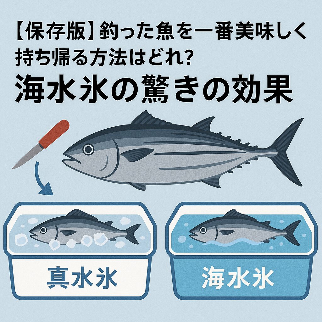 海水氷の驚きの効果 。 冷却スピードが1.5〜3倍。真水氷よりも低温になるため、魚を短時間でしっかり冷やせます。釣太郎