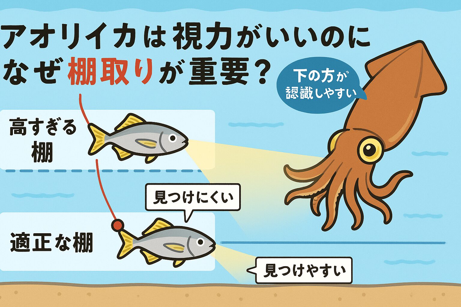 アオリイカは視力が発達しているが、上方向の視界が弱い ・タナがズレるとエサが視界に入らず、見つけてもらえない ・適正タナに入れることで捕食スイッチが入りやすくなる ・ヤエン・ウキ釣りは特にタナ調整が釣果を左右する。釣太郎