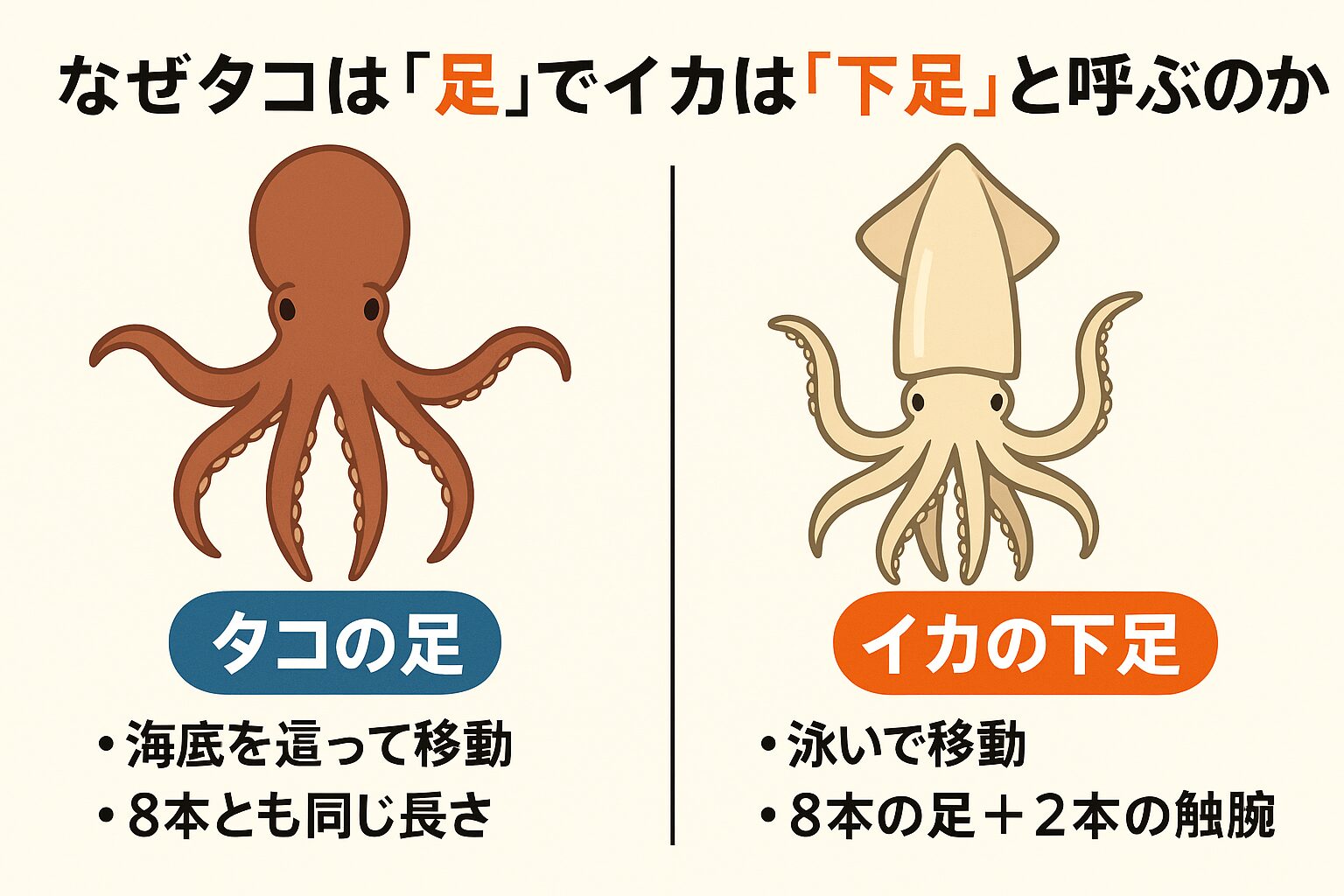 タコが「足」、イカが「下足(ゲソ)」と呼ばれるのは移動方法の違い。腕の構造と用途の差。市場・料理文化の影響、が重なった結果。釣太郎