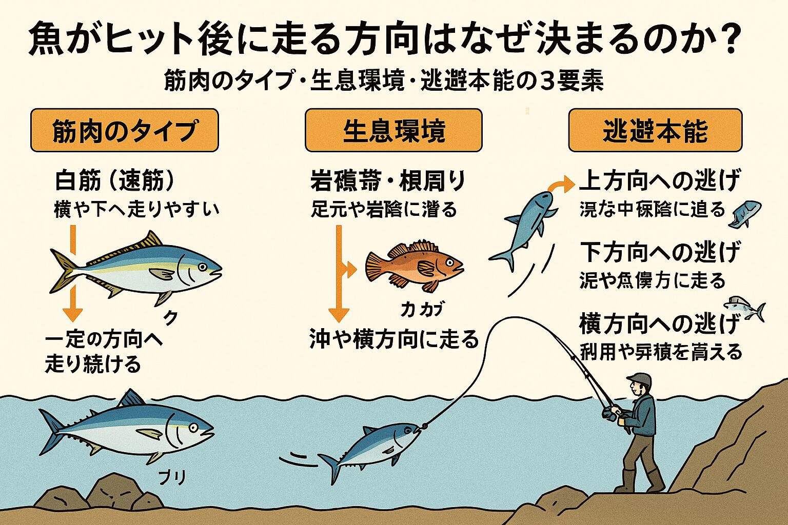 魚がヒット後に走る方向は、筋肉の割合 × 生息環境 × 逃避本能、の組み合わせでほぼ決まります。釣太郎