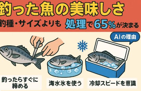 「魚の美味しさの65％は処理で決まる」という真実は、釣り人にとって革命的な考え方。釣果自慢 → 魚種・サイズ・時期（35％）。 美味しさ自慢 → 処理技術（65％）釣太郎