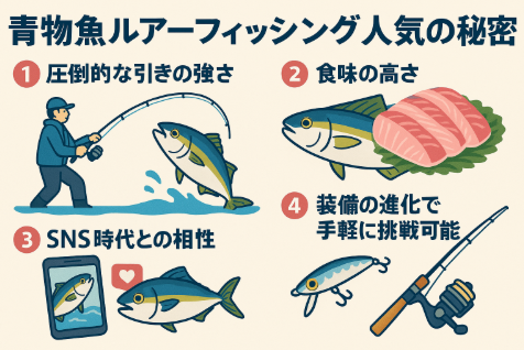 青物ルアーフィッシング市場は拡大傾向にあり、釣具販売・遊漁船需要ともに堅調。人気の秘密は「引きの強さ」「食味の良さ」「SNS映え」「装備の進化」。釣太郎