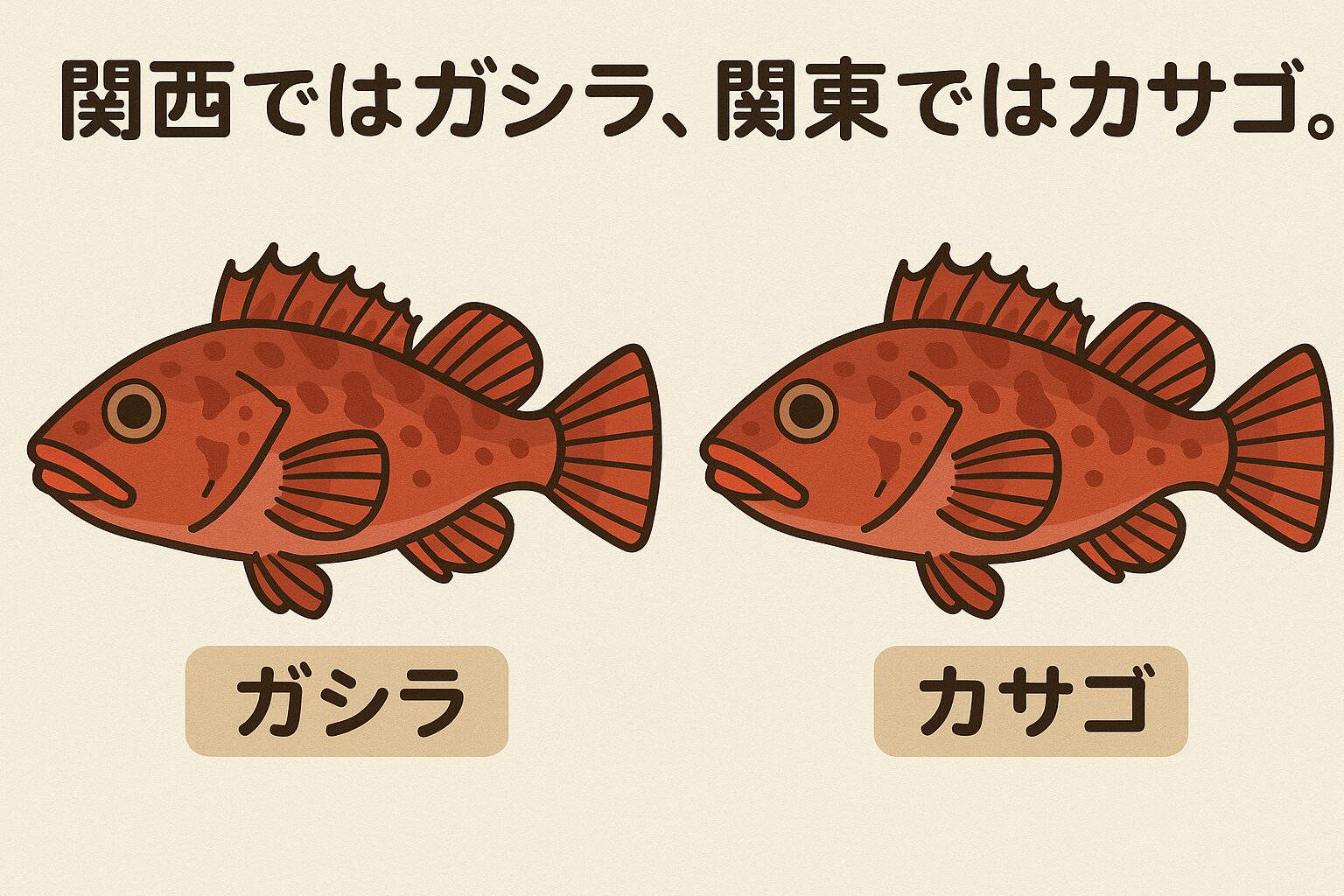 「カサゴ」は標準和名で、外見のゴツゴツした頭部が由来。「ガシラ」は関西地方の呼び名で、「頭(かしら)」が訛ったもの。釣太郎