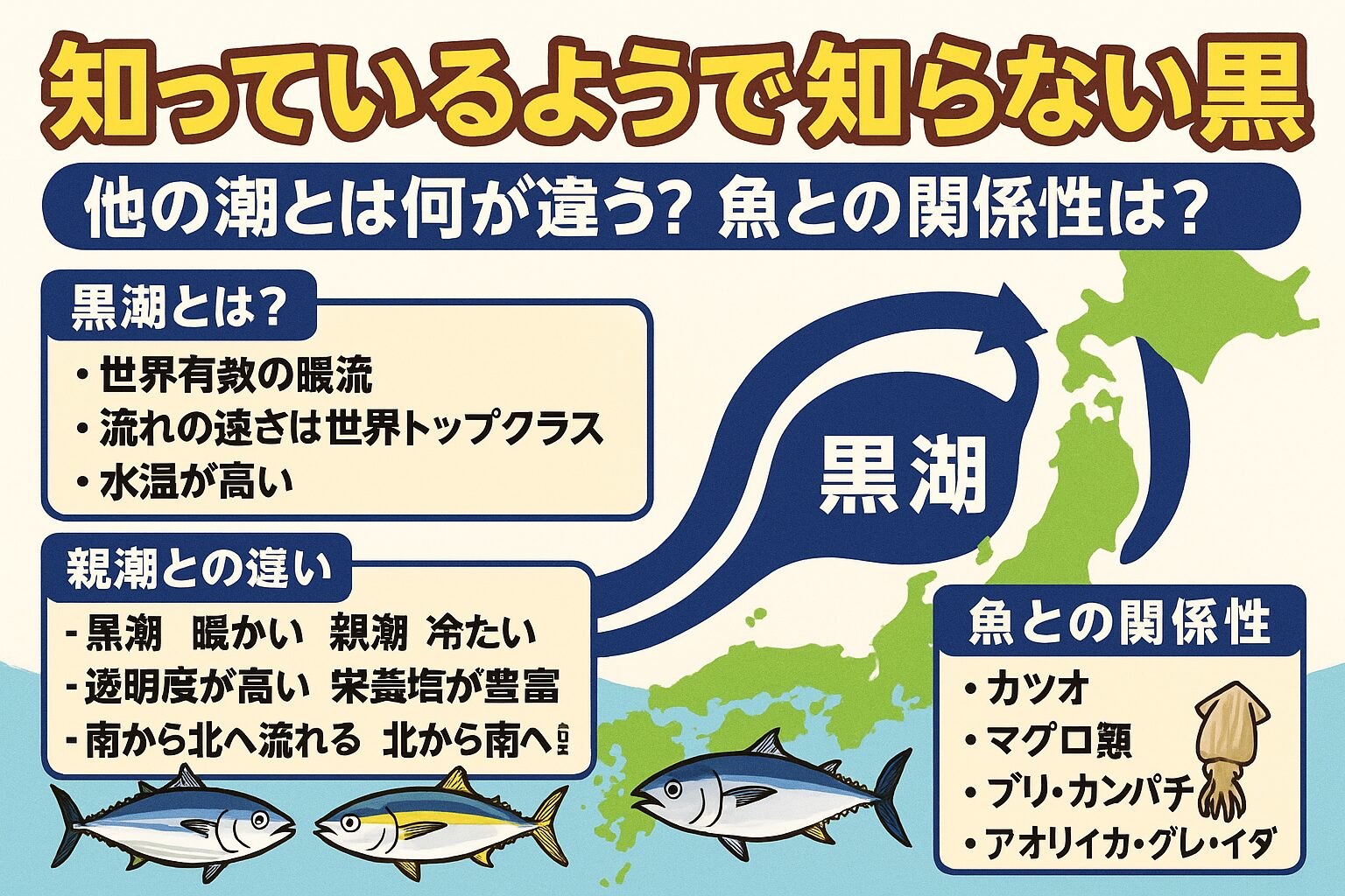 黒潮は他の潮と比べても規模・速さ・水温すべてが桁違い。回遊魚の道ではなく、定着魚やベイトまで左右する「海の生命線」釣太郎