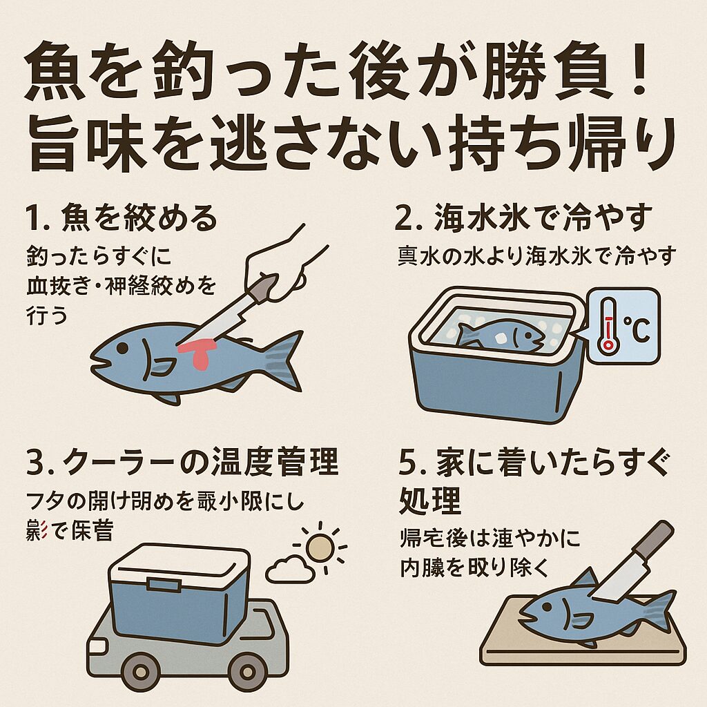 釣果の味は「持ち帰り方」で決まる。釣りの楽しみは釣り上げた瞬間だけではありません。血抜き → 冷却 → 温度管理 → 輸送 → 家での処理。釣太郎