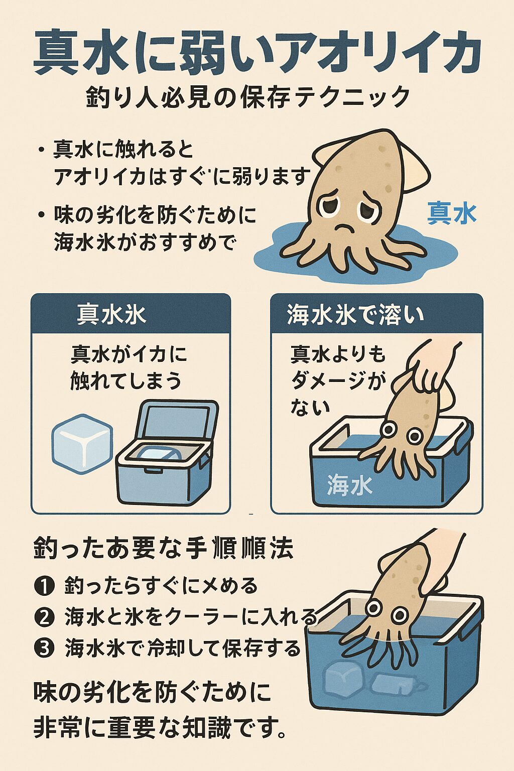 アオリイカは真水に触れるとすぐに弱り、鮮度と味が落ちる。・保存には必ず「海水氷」を使用する。釣太郎