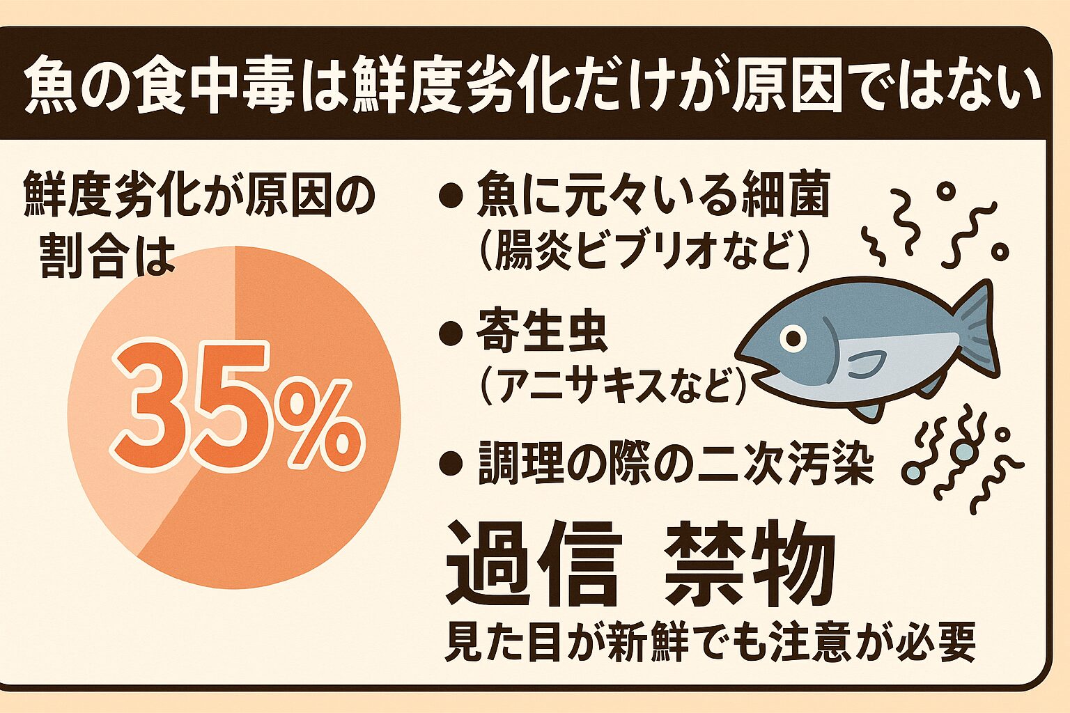 魚の食中毒のうち鮮度劣化が原因は35%程度。鮮度が良くても細菌や寄生虫による食中毒は起こる。「新鮮=安全」ではなく、処理・保存・調理の管理が安全性を決める。釣太郎