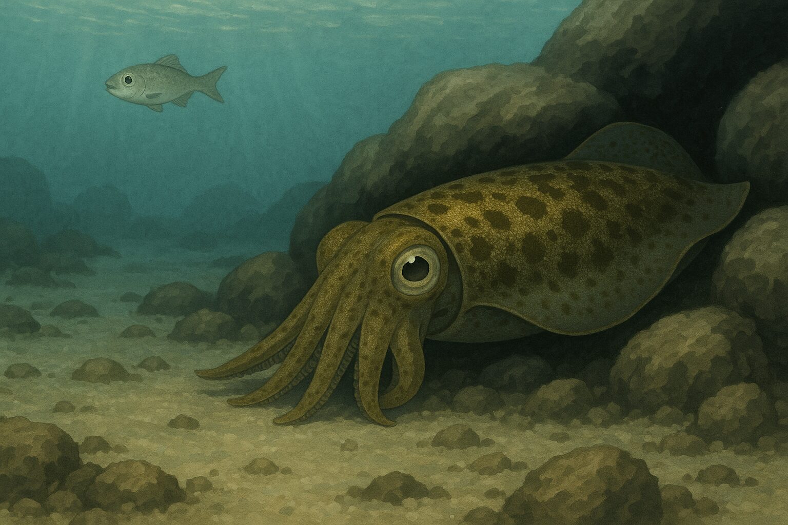 アオリイカは海底付近で待ち伏せする捕食者！岩陰に潜み上方の獲物を狙う習性。釣太郎