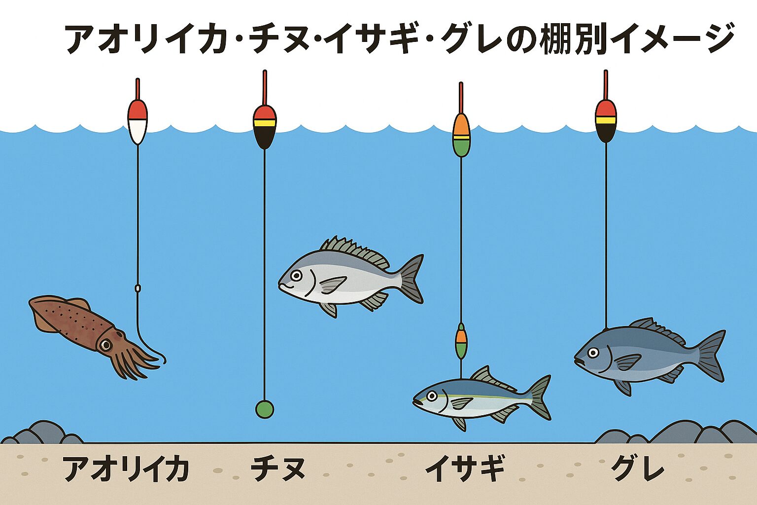 アオリイカ・チヌ・イサギ・グレに共通する最大の鉄則は、「あたりがなければタナを変える」 ということです。釣太郎