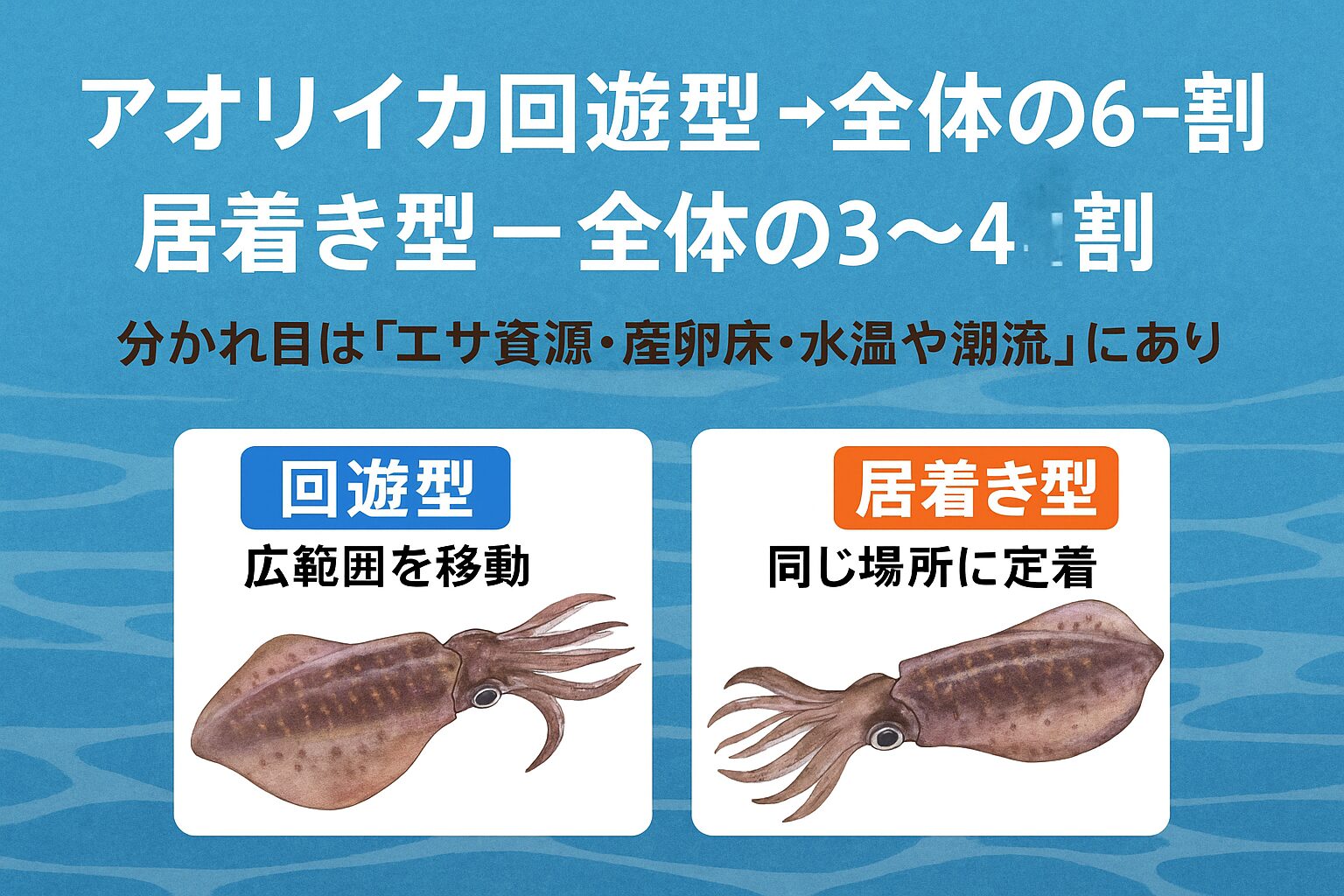 アオリイカは 回遊型(6〜7割) と 居着き型(3〜4割) に分かれる。回遊型は爆発力、居着き型は安定感が特徴。釣太郎