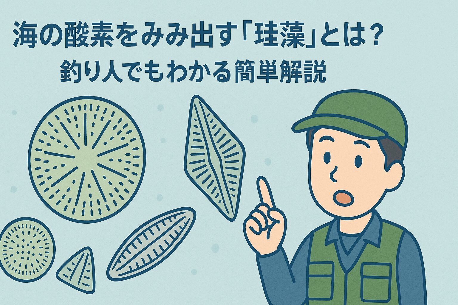 珪藻は 2〜200マイクロメートル の大きさで、1ミリの中に数十〜数百個入るほど小さい。種類は数万以上あり、殻の模様はまるでガラス細工のように多様。釣太郎