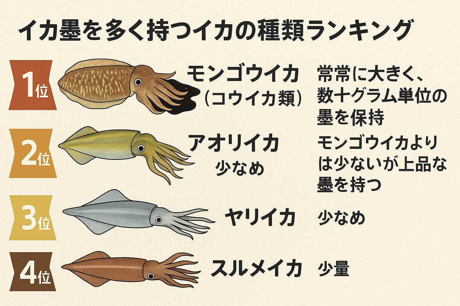 イカ墨の量と質は、イカの種類によって大きく異なります。料理の目的に応じて「モンゴウイカ=濃厚」「アオリイカ=上品」釣太郎