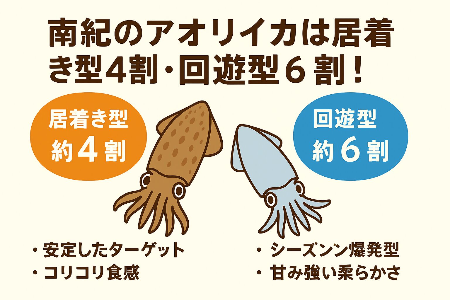 南紀のアオリイカは、居着き型が約4割・回遊型が約6割。安定感のある釣りと、一発大物狙いの釣り、その両方を体験できる地域.釣太郎
