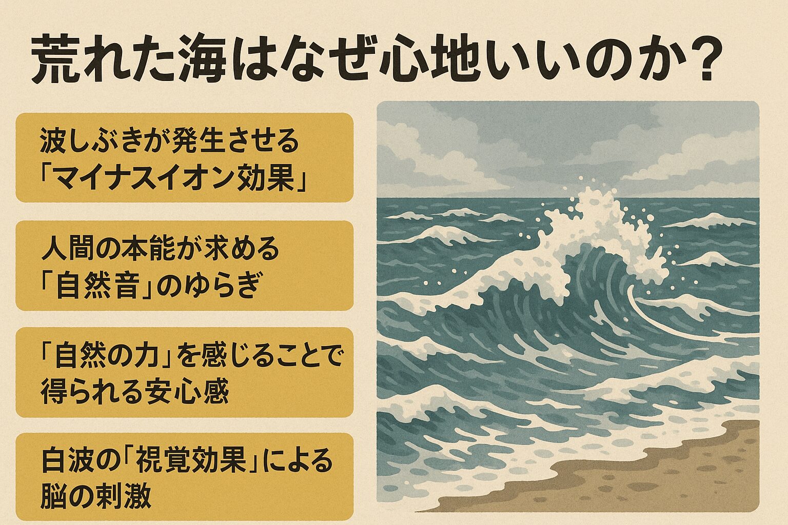 荒れた海や白波に惹かれるのは、以下の複合的な要因によります。
非日常性による感覚の刺激。生存本能が危険を注視させる。闘争・逃走反応によるアドレナリン効果。1/fゆらぎによる癒し効果。映像的インパクトによる感動の増幅。つまり、荒波は「本能的な緊張」と「リラックス効果」が同時に働く、非常に珍しい自然現象なのです。釣太郎