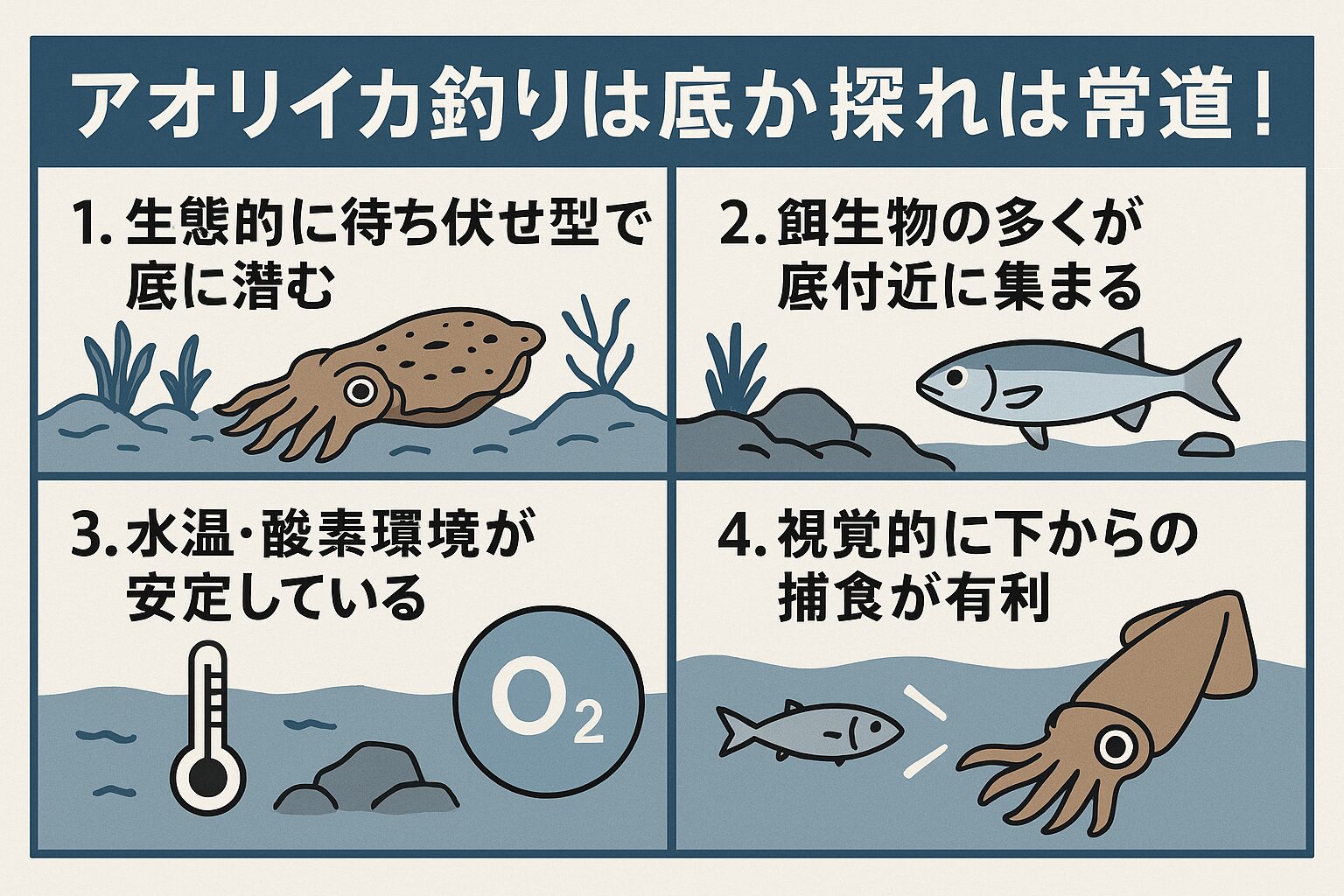 「アオリイカは底から攻める」というセオリーは、単なる経験則ではなく、アオリイカの生態、餌の分布、安定した環境、そして視覚的な捕食優位性という、4つの科学的な理由に裏付けられています。釣太郎