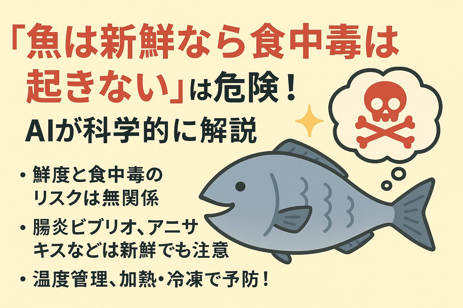 魚の鮮度が高い＝安全ではない。鮮度管理は味や見た目のため、食中毒防止には別の対策が必要。食中毒原因の65％は鮮度とは無関係。対策は温度管理・加熱・衛生管理の三本柱。釣太郎