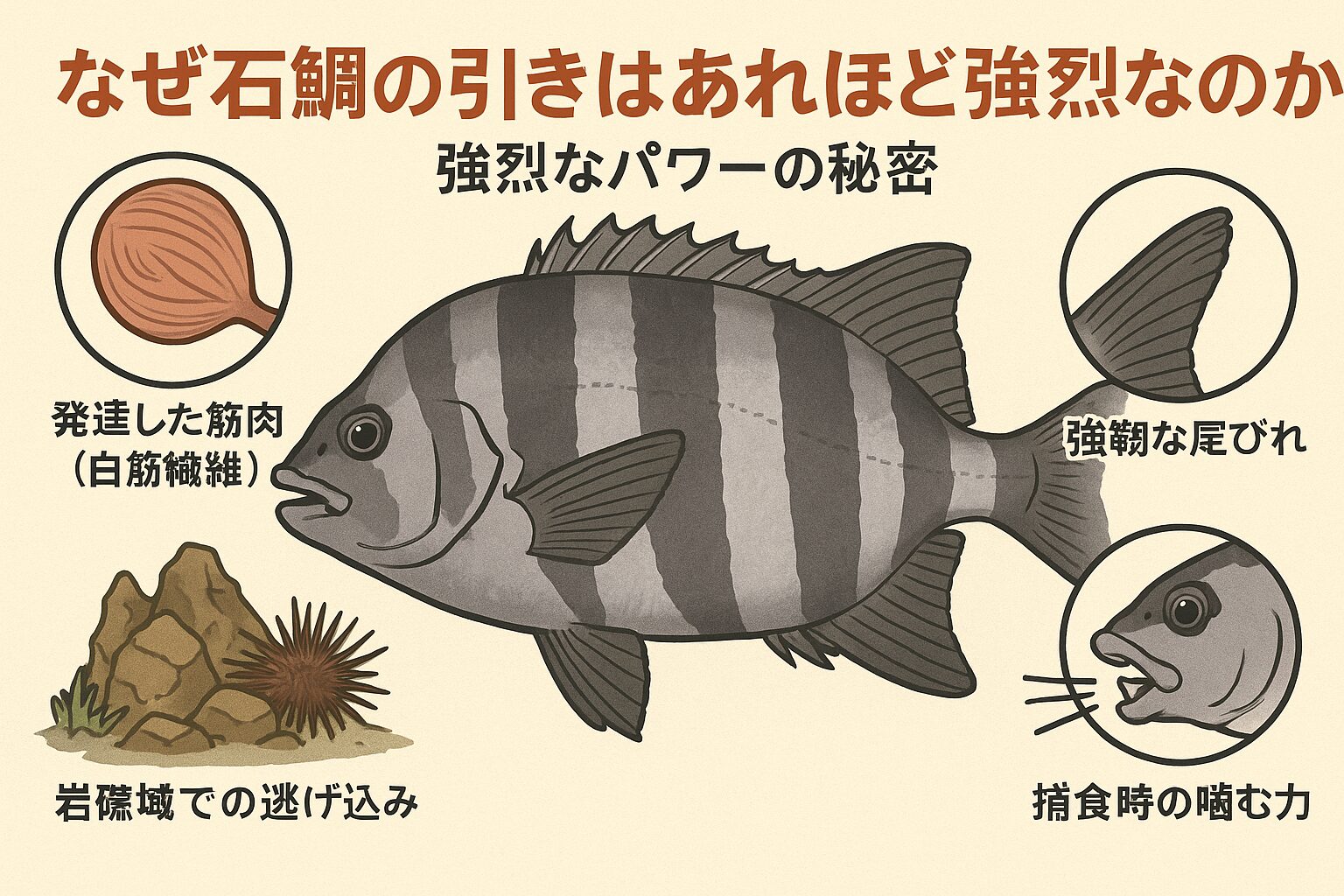 石鯛の強烈な引きは、発達した白筋による瞬発力。強力な尾びれ推進。岩礁環境で鍛えられた逃げ込み能力。咬筋の発達による全身パワーといった要素が重なった結果。釣太郎