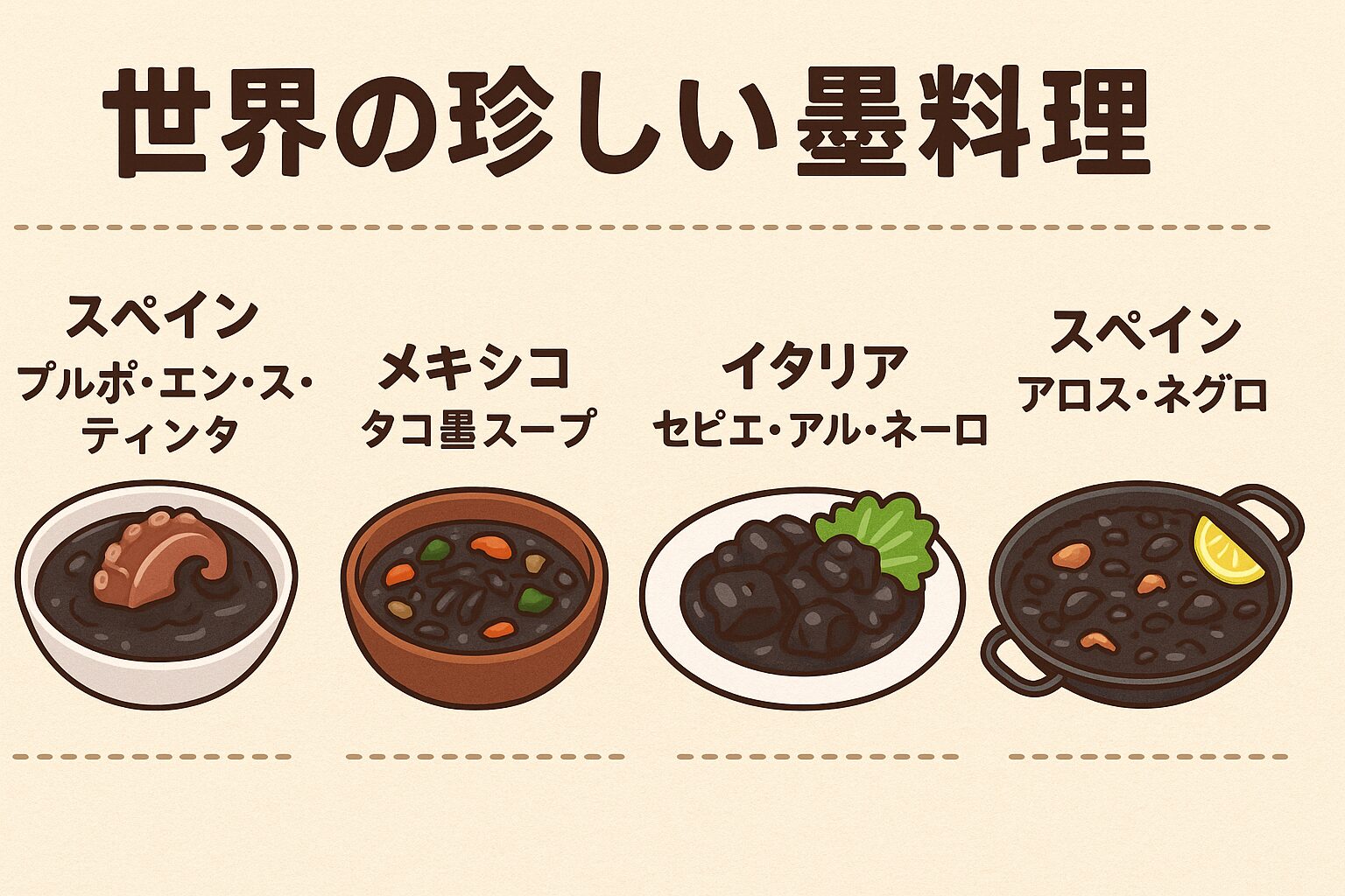 世界には、イカ墨だけでなく「タコ墨」「甲イカ墨」を使った珍しい料理が存在します。 スペインやメキシコではタコ墨料理。・イタリアやスペインでは甲イカ墨料理が発展.釣太郎