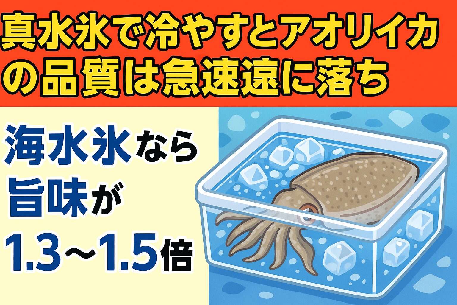 真水氷はアオリイカの身を傷め、鮮度や旨味を落とす大きな原因になる ・海水氷を使えば、旨味成分が約1.3～1.5倍も残り、釣ったその日の味を再現できる。釣太郎