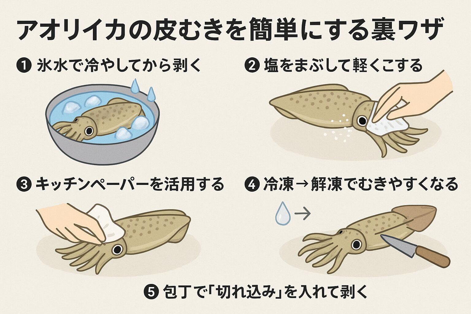 アオリイカの皮むきは「冷やす・塩・ペーパー・冷凍」の4つがカギ。もっとも簡単なのは「冷凍→解凍」で、自動的に皮が浮く。釣太郎