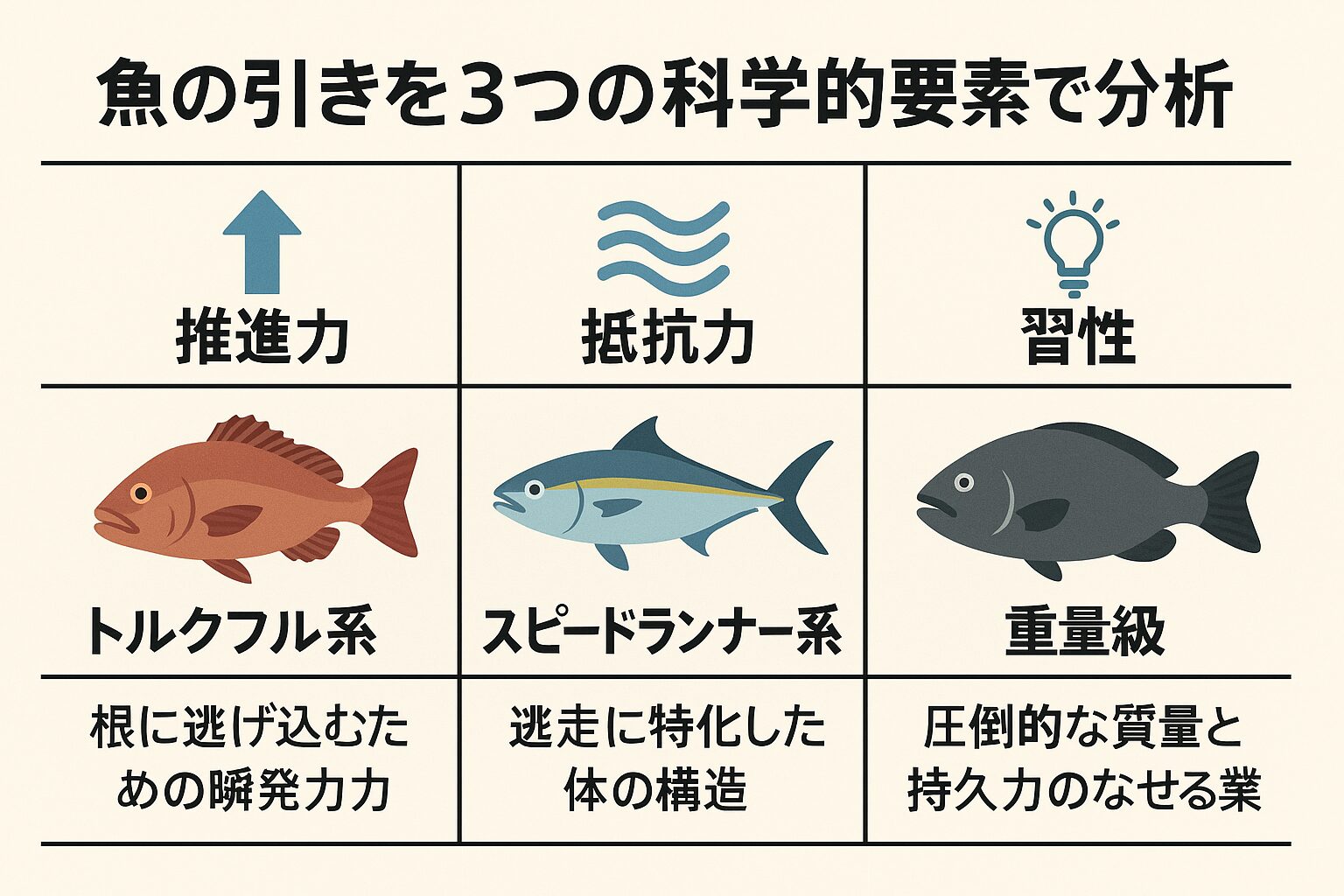 魚の引きを「推進力」「抵抗力」「習性」という3つの科学的要素で分析.釣太郎