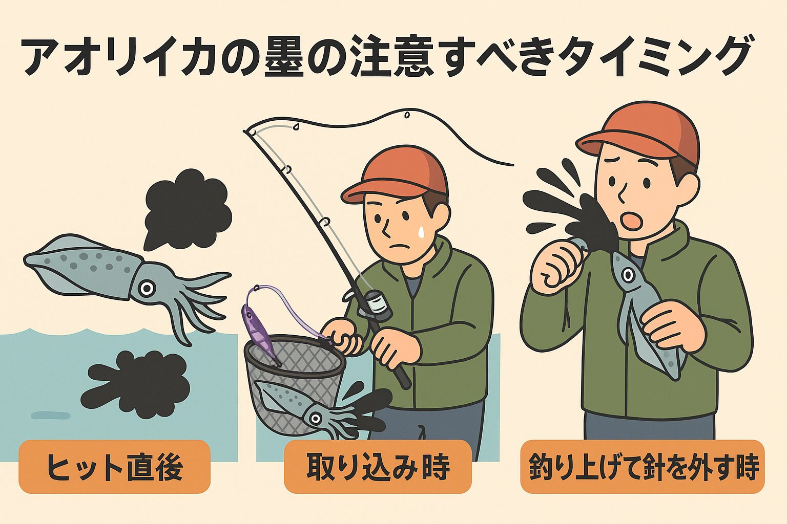 アオリイカの墨は「一度吐いたら終わり」ではないということを常に意識すべきです。特に針を外す瞬間が最も危険で、ここでの油断が一番の失敗ポイント。釣太郎