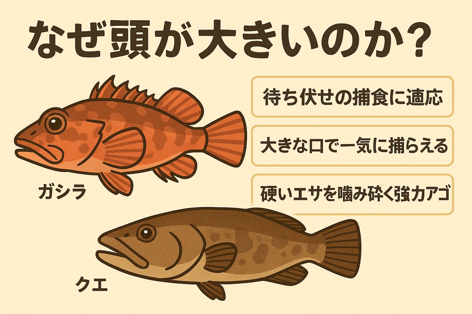 ガシラ（カサゴ）やクエの頭が大きい理由は、以下の3つに集約されます。待ち伏せ型の捕食スタイルに必要な巨大な口 。硬いエサを噛み砕くための強靭なアゴ。岩礁帯で生き抜くための頑丈な頭部構造。釣太郎