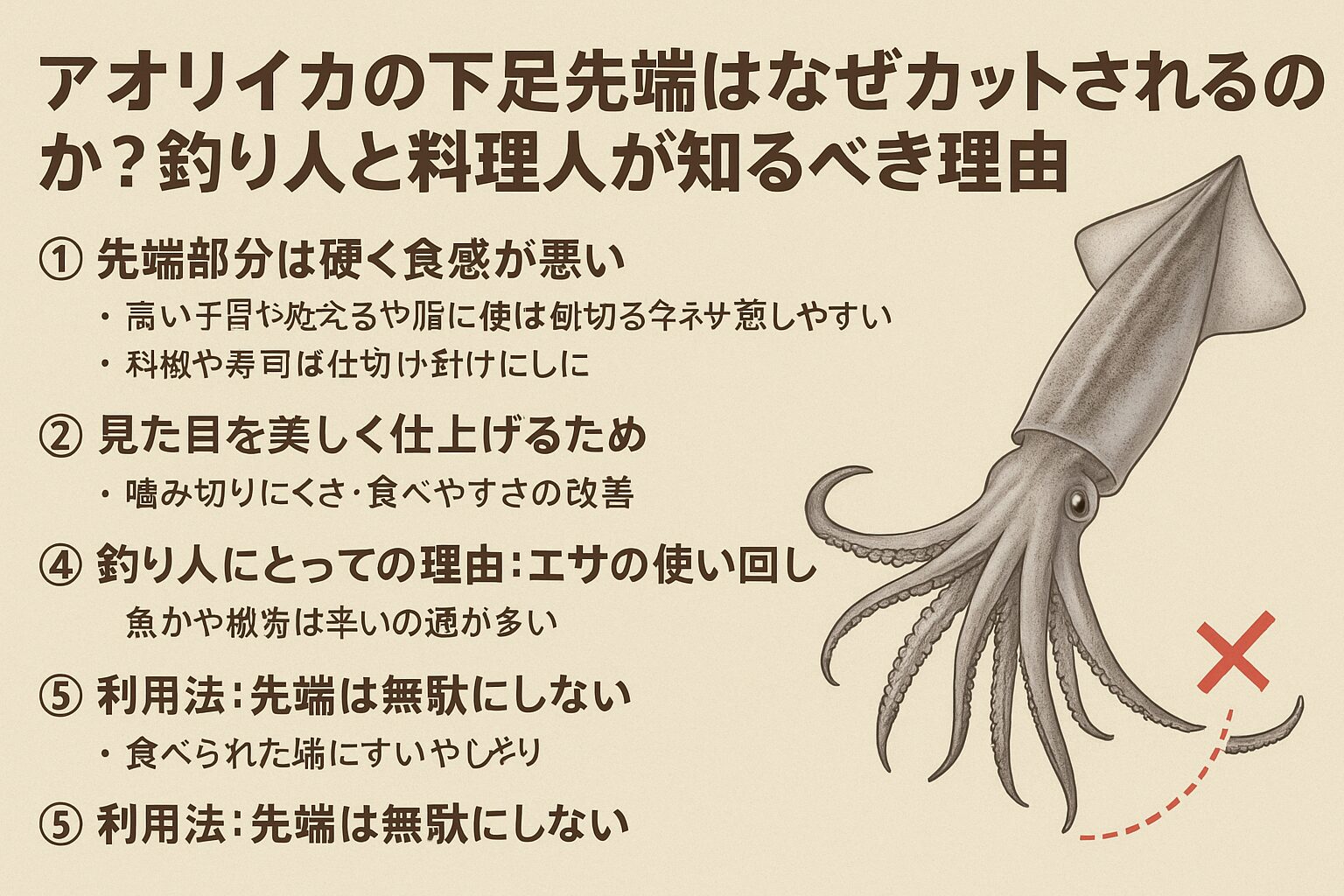 アオリイカの下足先端がカットされる理由は、硬くて食感が悪い ・見た目を損ねる・噛み切りにくい・料理や釣りの実用上の都合、といった要素が重なっているため。釣太郎
