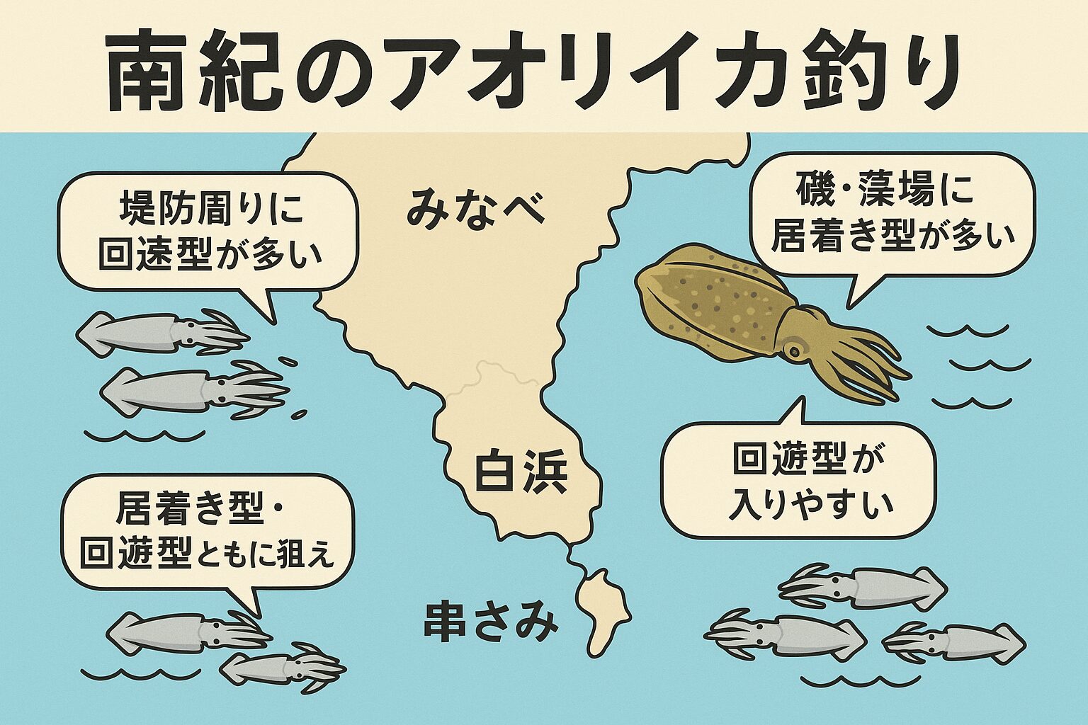 南紀地方のアオリイカ釣りでは、藻場や磯：居着き型が多く春の大型狙いに最適。漁港や湾内：回遊型が入りやすく秋の数釣りに有効。釣太郎