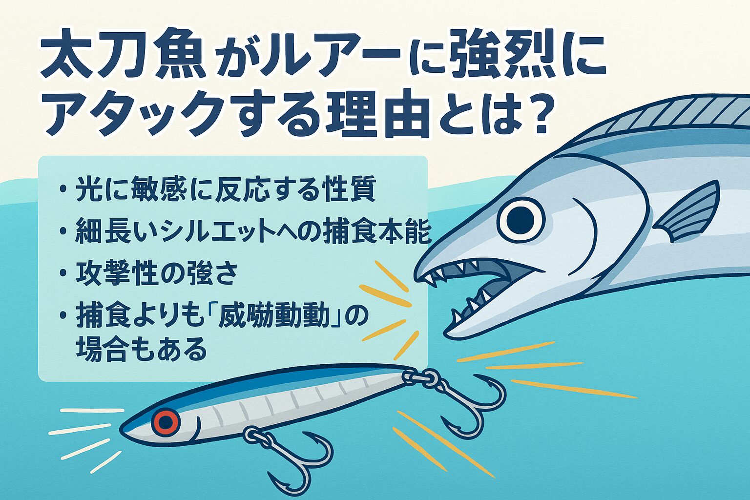 太刀魚がルアーに強烈にアタックする理由は、光への反応・細長いシルエットへの捕食本能・攻撃性の高さ・威嚇行動 が重なっている。釣太郎