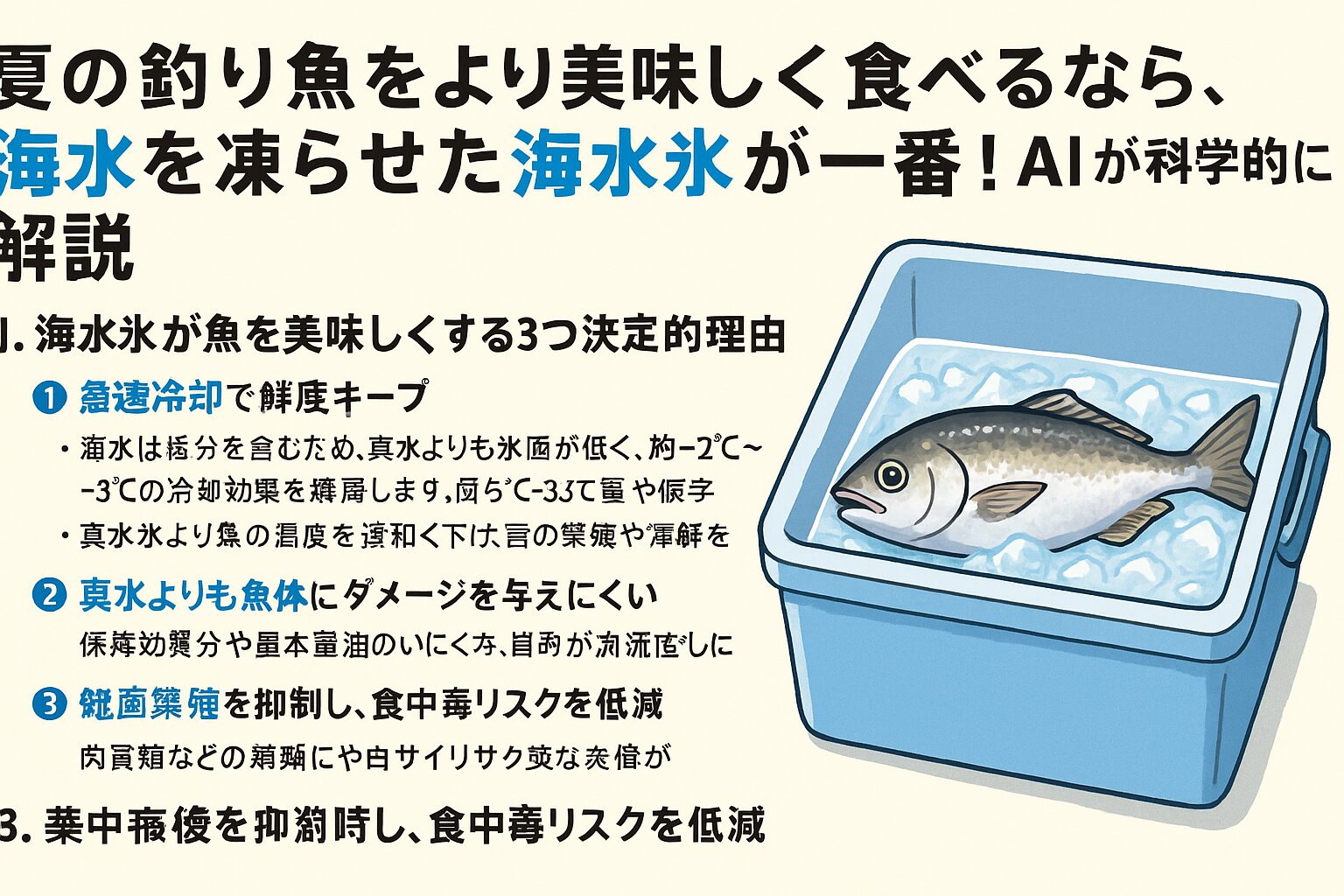夏の釣り魚は、温度管理で味が決まる。 ・海水氷なら「急速冷却」「身質を守る」「雑菌を抑える」の3拍子が揃い、圧倒的に美味しく保存できる。釣太郎