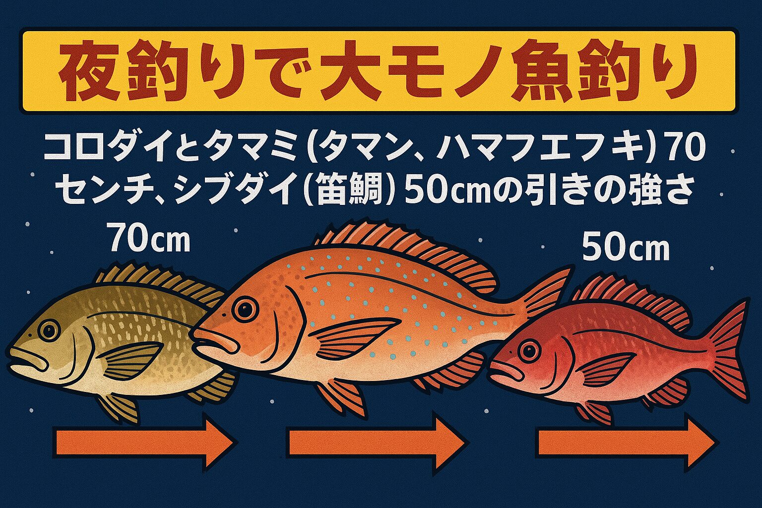 夜釣り魚、コロダイは根に潜る強烈な突っ込み・タマミは青物並みの沖走り・シブダイは横に走る素早いファイト。釣太郎