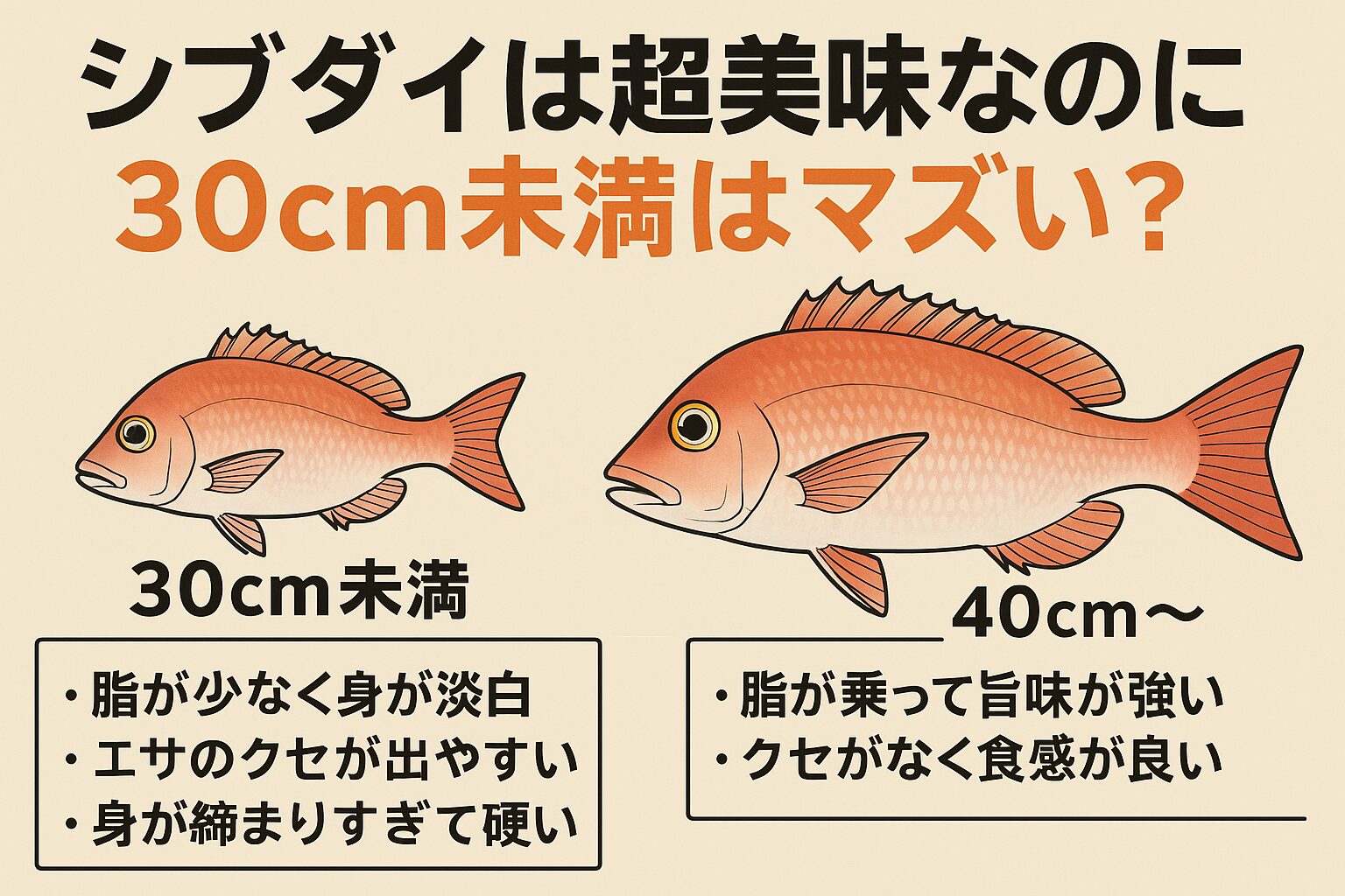 シブダイは確かに「超美味な魚」として有名ですが、30cm未満は脂が未発達で、エサ由来のクセも残りやすいため「マズい」と言われることが多い。釣太郎