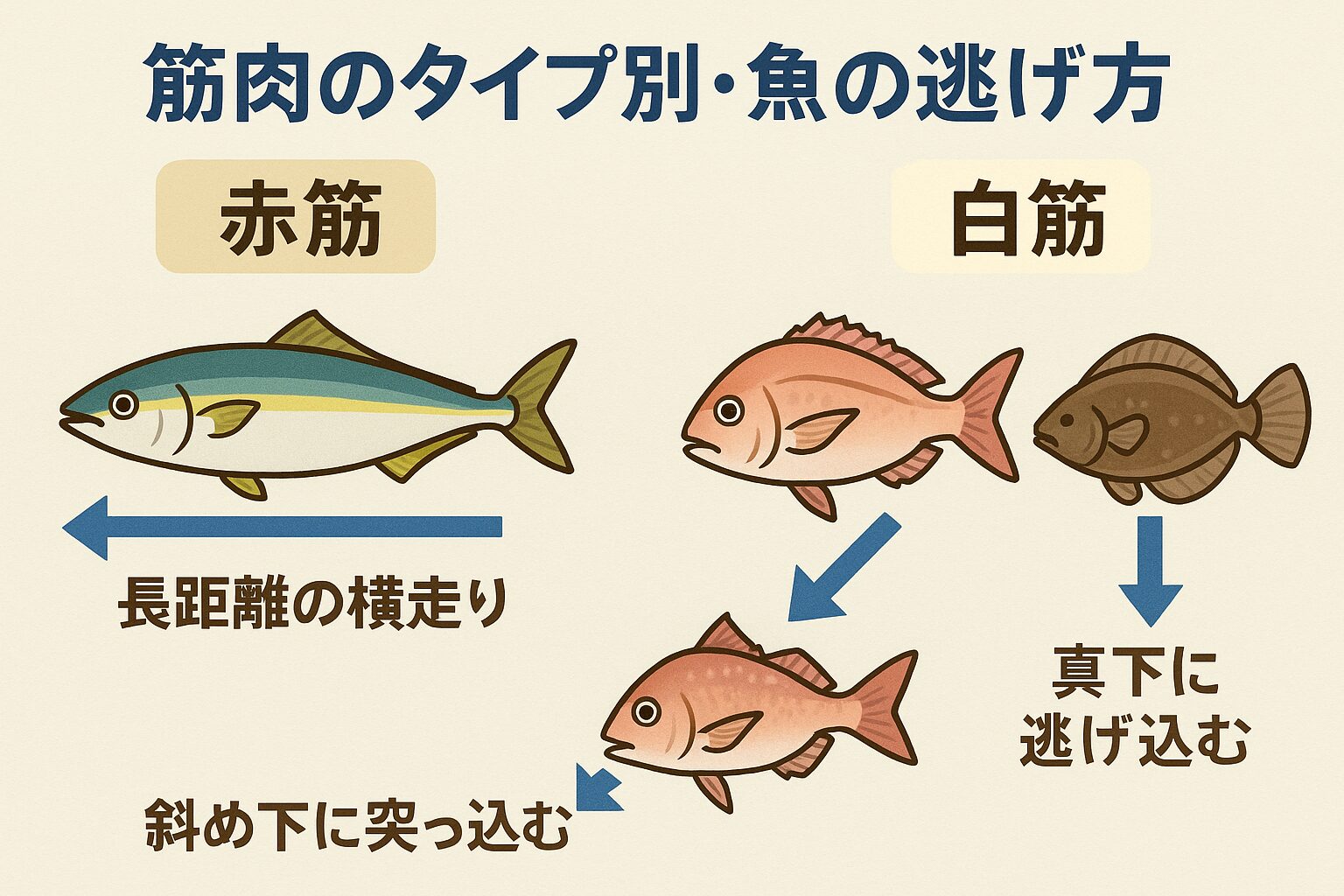 ヒット後の走る方向は「筋肉のタイプ・生息環境・逃避本能」の組み合わせで決まります。釣太郎