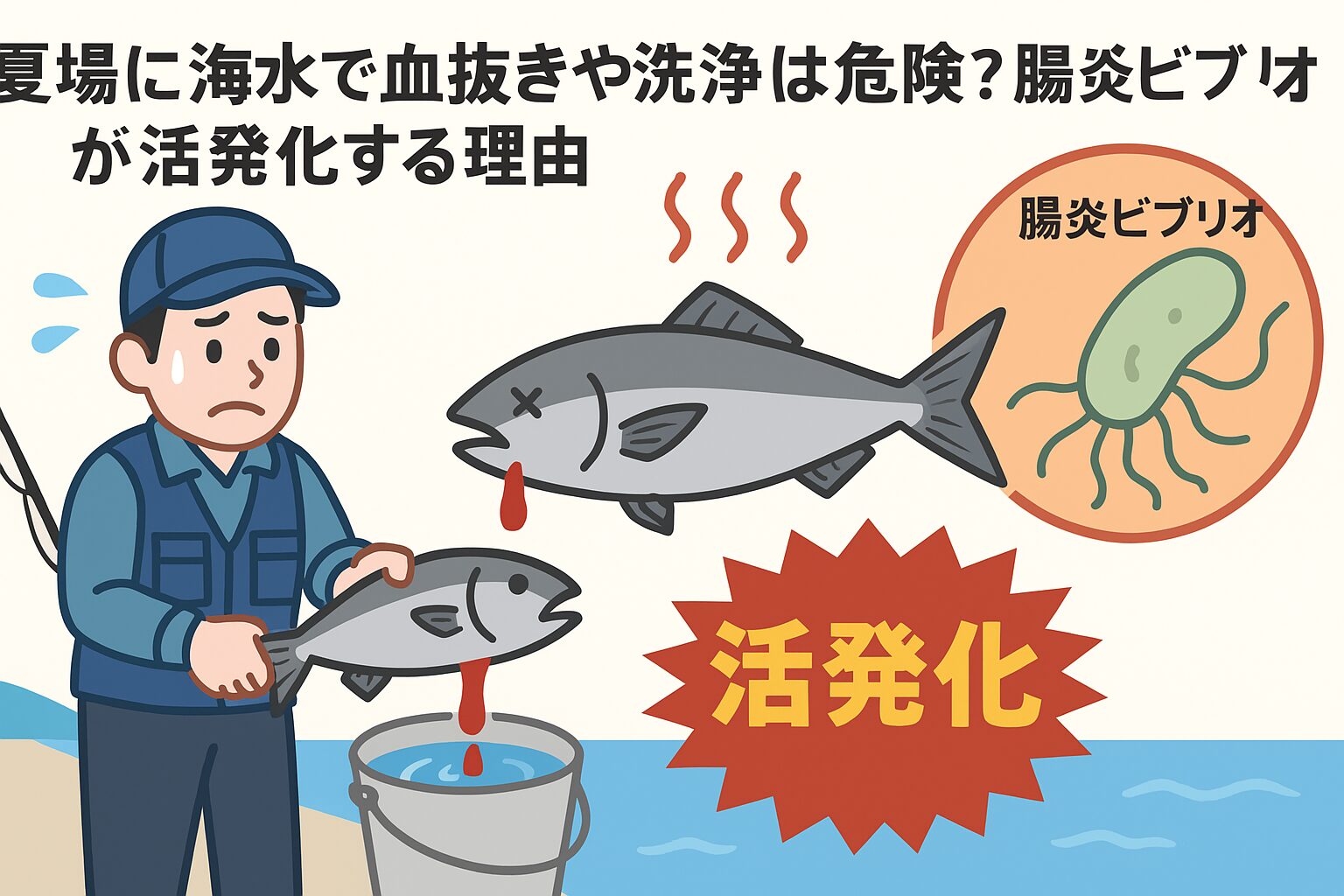 夏場の海水は腸炎ビブリオの天国。海水で血抜きや洗浄をしても菌は死なず、むしろ活発化。真水は菌を減らす効果が高く、冷却と併用すれば安全性アップ。海水洗浄は短時間で済ませ、その後は真水＋低温で徹底管理。見た目の鮮度だけでなく、安全な魚の持ち帰り方を知っていることが釣り人の腕のうちです。夏の海釣りは、真水洗浄＋冷却を習慣化して、腸炎ビブリオのリスクを最小限に抑えましょう。釣太郎