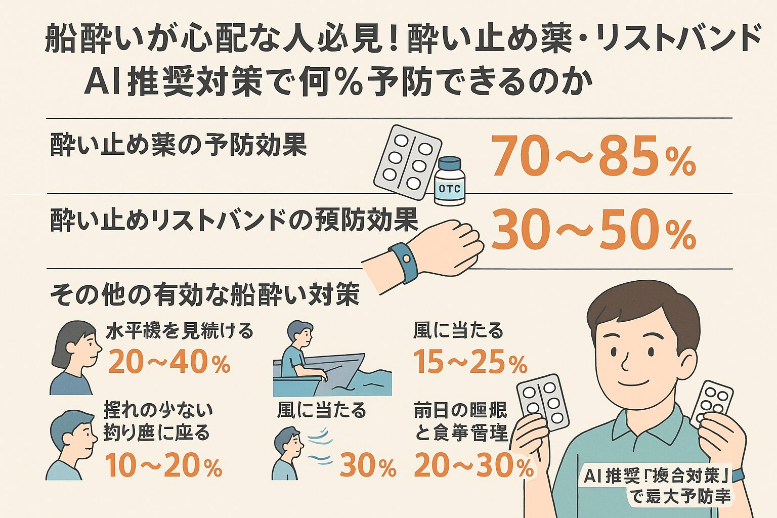 酔い止め薬は単独で70〜85%の予防率。 ・リストバンドは30〜50%の補助効果。 ・行動対策を合わせれば、船酔いのリスクは大幅に減らせます。釣太郎