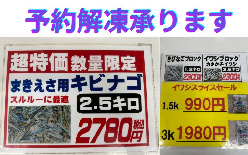 夜釣り用エサ、きびなご、イワシブロック＆スライス、予約解凍できます。釣太郎