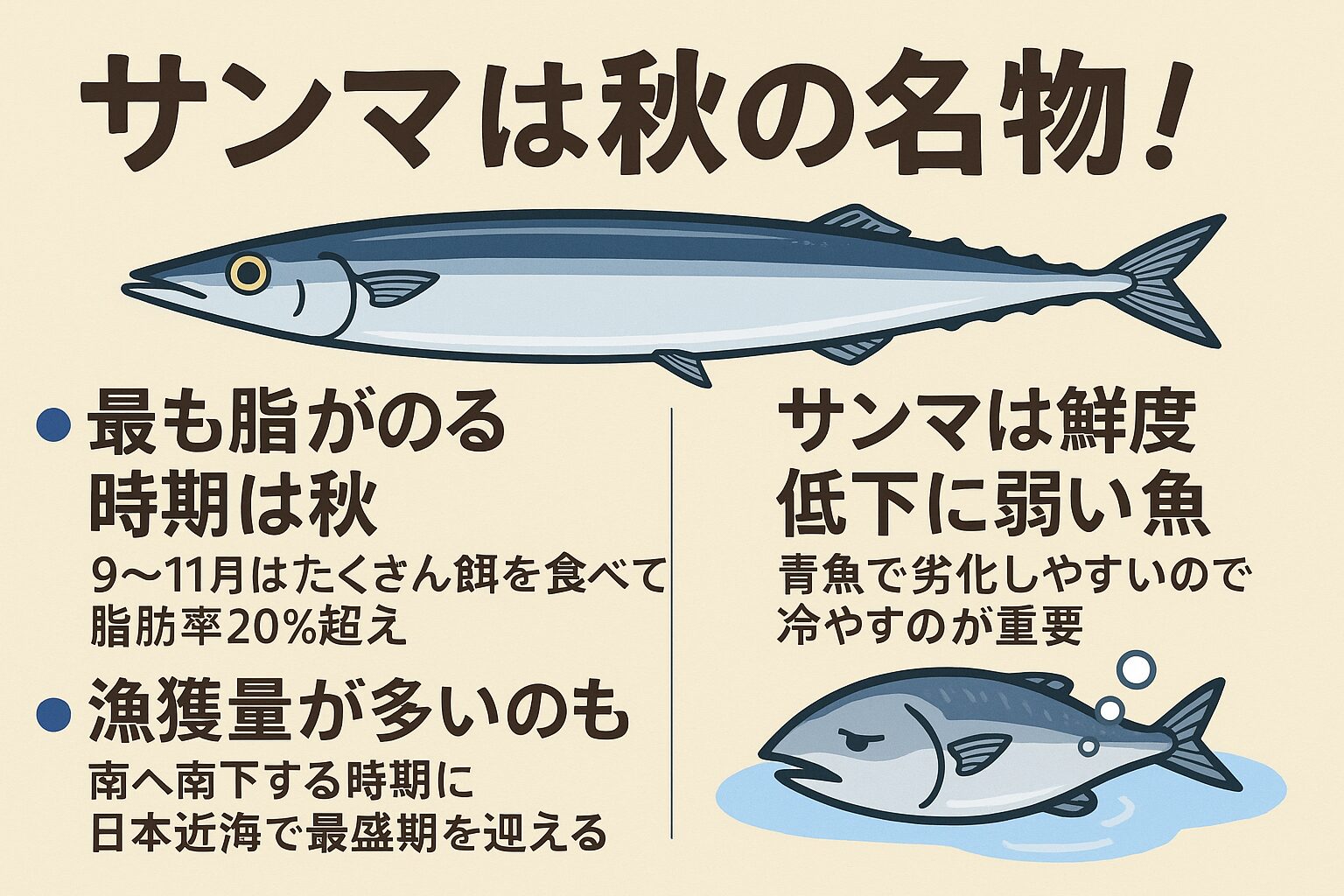 サンマは秋に最も脂がのり、脂肪率20％を超える個体も珍しくない。釣太郎