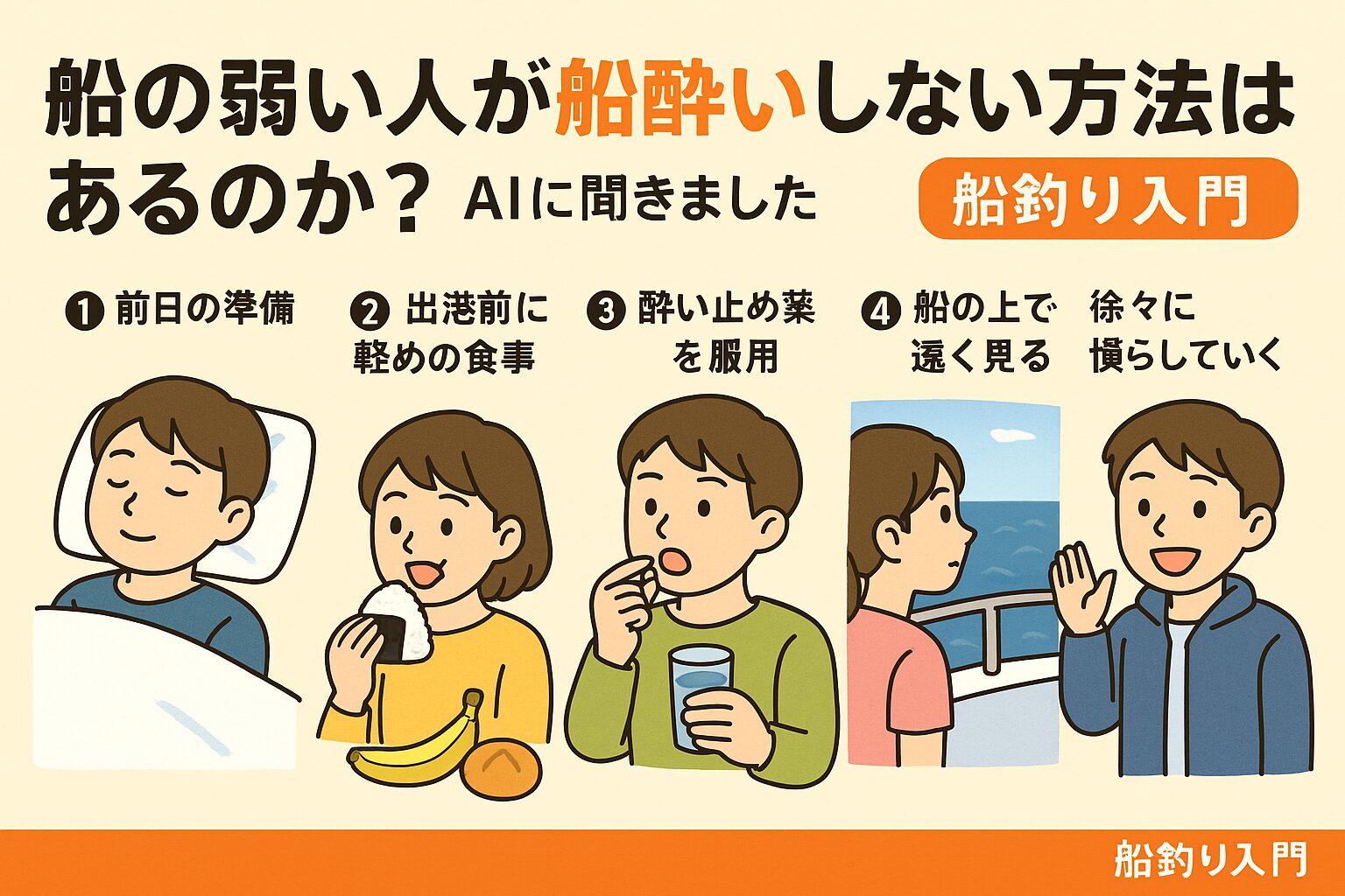 船に弱い人でも、事前準備・船上の行動・慣れの3つを徹底すれば、船酔いを大幅に減らせます。釣太郎