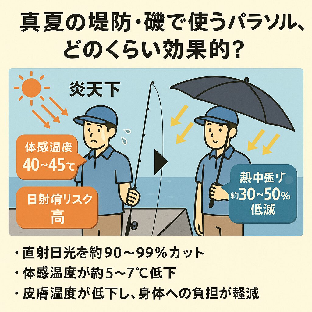真夏の堤防・磯釣りにおけるパラソルは、体感温度を最大7℃下げ、熱中症リスクを半分程度に抑える効果がある。釣太郎