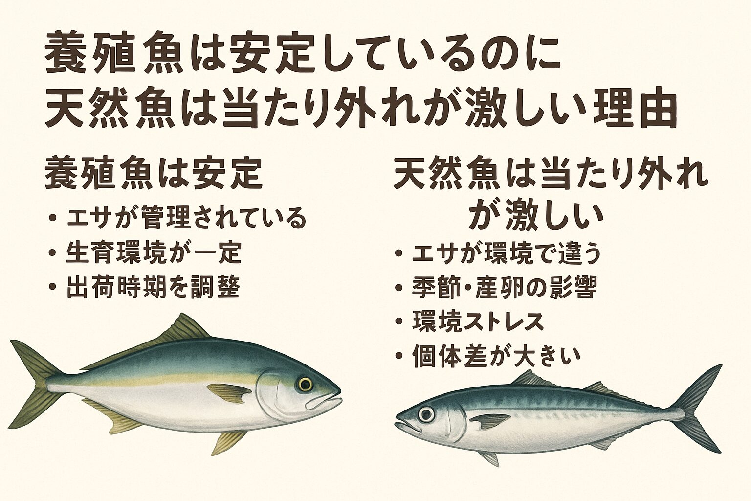 養殖魚は餌・環境・出荷管理が徹底されており、常に安定した品質。天然魚は餌・季節・産卵・環境ストレス・個体差の影響を受け、味に大きな差が出る。釣太郎