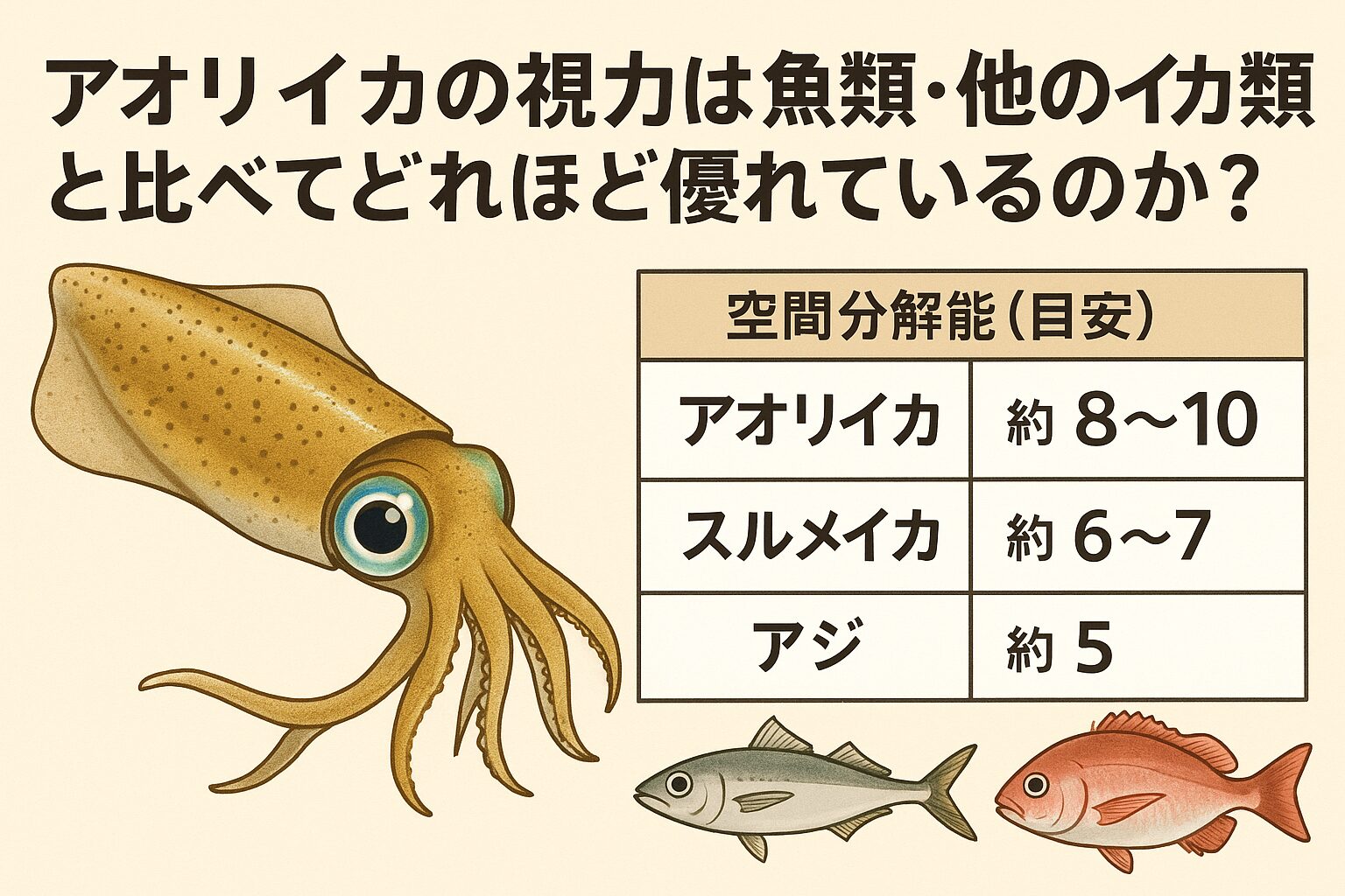 アオリイカの視力は、魚類だけでなく他のイカ類と比べても圧倒的に高く、低光量下でもはっきりと獲物を捉えられる能力があります。魚類より精密な視力を持つ。偏光を感知できる特殊な視覚を持つ。暗闇でも捕食が可能。この視覚の優秀さこそが、アオリイカが海の中で頂点級の捕食者であり、釣り人を魅了し続ける理由なのです。釣太郎