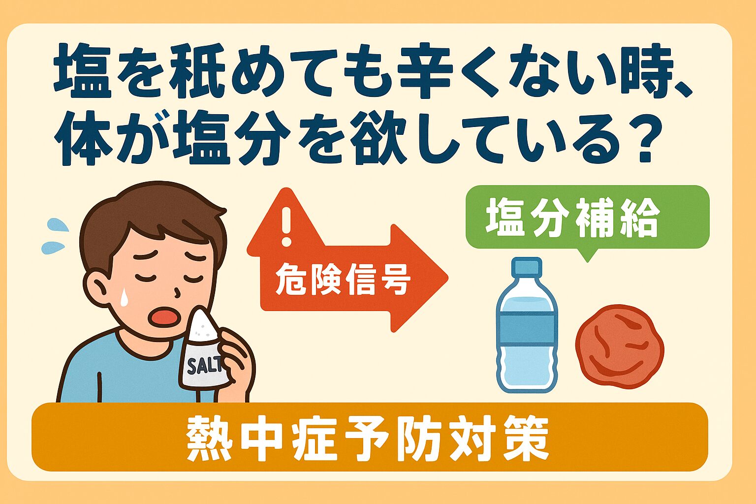 塩を舐めても辛く感じないのは、体が塩分を欲しているサイン
水分だけでなく塩分・ミネラルを同時に補給しなければ熱中症は防げない。釣太郎